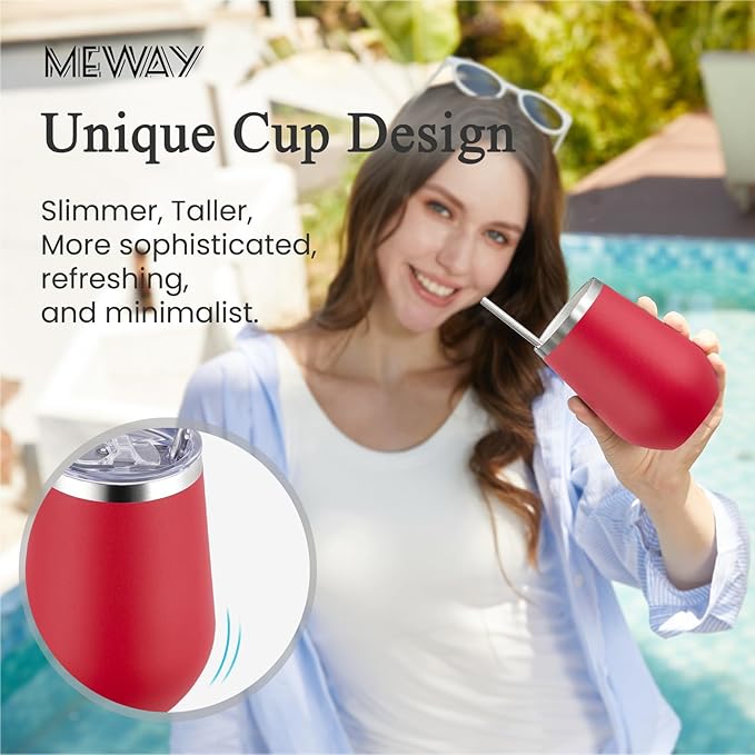 MEWAY Stemless 12oz Insulated Wine Tumbler with Lid and Straw - Double Wall Stainless Steel Thermal Cups for Hot and Cold Drinks, Bridal Shower Prizes for winners(Red,Set of 4)