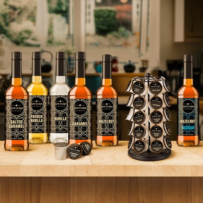 Café Le Rou Coffee Syrup Variety 5-Pack- 25.4 oz Vanilla, French Vanilla, Caramel, Salted Caramel, Hazelnut Coffee Flavoring Syrup for Coffee, Tea and Espresso