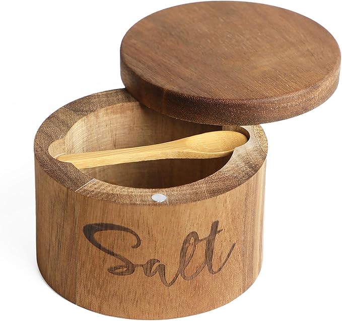 Acacia Wood Spice Boxs with Swivel Cover for Kitchen Countertop,Salt Keeper with Built-in Spoon,Modern Farmhouse Kitchen Decoror for Storing Seasonings (Labeled Salt)