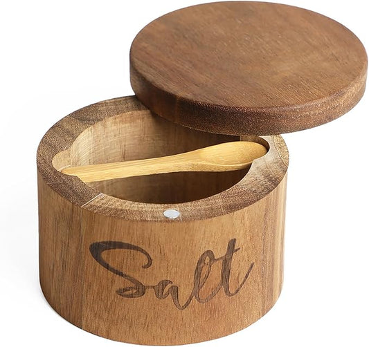 Acacia Wood Spice Boxs with Swivel Cover for Kitchen Countertop,Salt Keeper with Built-in Spoon,Modern Farmhouse Kitchen Decoror for Storing Seasonings (Labeled Salt)
