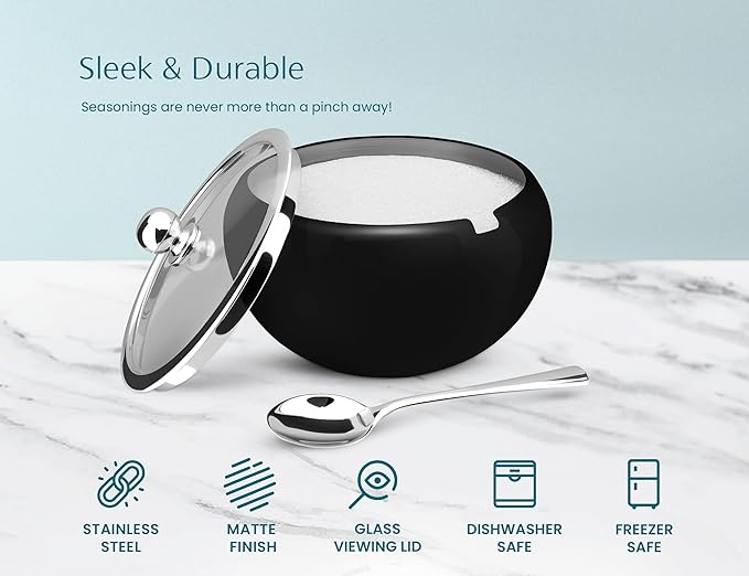 KooK Sugar Bowl, Sugar Bowl with Lid and Spoon, Sugar Container with Lid, for Salt, Coffee, Holds 2 Cups, Dishwasher Safe, Matte Black, 16 Oz
