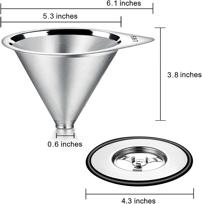 LHS Pour Over Coffee Dripper Stainless Steel Coffee Filter Metal Cone Filter Paperless Reusable Coffee Filter Single Cup Coffee Maker 1-4 Cup With Non-slip Cup Stand and Cleaning Brush