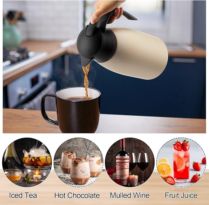 Uiifan 2 Pcs 68oz Thermal Coffee Carafe Insulated Stainless Steel Coffee Carafe for Hot Liquids Double Walled Vacuum Pot Creamer Pitcher Dispenser with Brush for Keeping Milk Tea(Silver, Champagne)