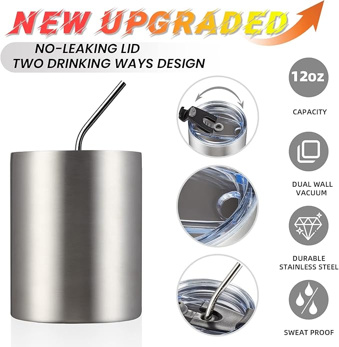MEWAY 12 oz Lowball, Tumbler Stainless Steel Double Wall Vacuum Insulated Mug with Straw and Lid, Cleaning Brush ，Durable Powder Coated Insulated Coffee Cup for Cold & Hot Drinks (Silver, 1 Pack)