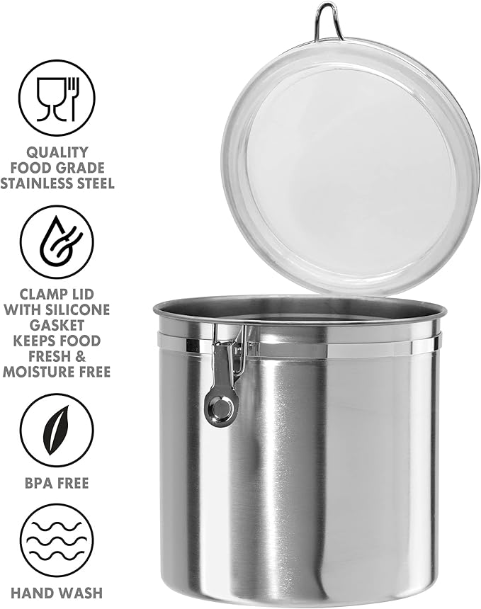 Oggi Stainless Steel Kitchen Canister 152oz + Oggi Jumbo 8" Stainless Steel Flour Clamp Canister