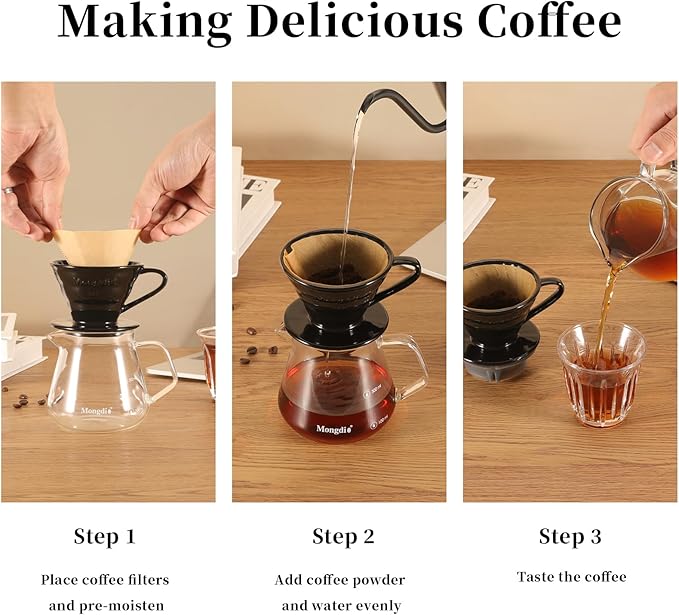Mongdio V60 Ceramic Pour Over Coffee Dripper, Reusable Porcelain Portable Pour Over Coffee Maker, Slow Brewing Accessories with 1 Holes for Home - Size 02 Black