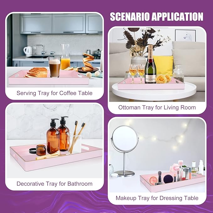 Gifturbo Pink Serving Trays,Decorative Serving Tray with Handles, Coffee Table Rectangular Trays Plastic Tray for Ottoman Bathroom,Living Room, 15.7” x 10.2” x1.37”