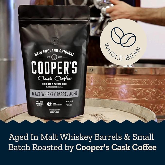 Malt Whiskey Barrel Aged Coffee, Single-Origin Sumatra Beans Aged in American Malt Whiskey Barrels, Medium Dark Roast Whole Bean, 2 lb