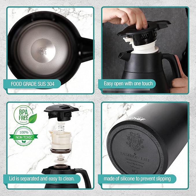 SINCE 1997 MR.CHEF 68Oz Thermal Coffee Carafe, Insulated Stainless Steel Coffee Carafes for Keeping Hot/Double Walled Vacuum Coffee Carafe (Black, 2L)