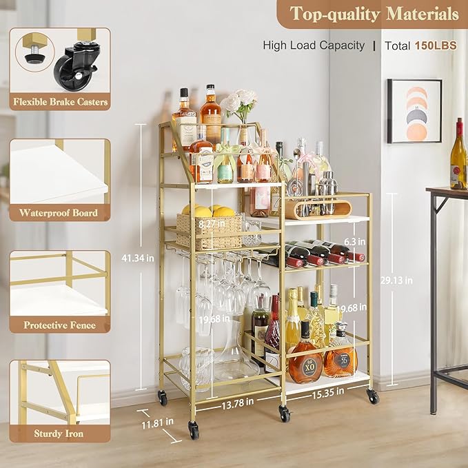 VINAEMO Gold Bar Cart With Wine Glass Holder, Stand for Home, Small Mini Bar for Whiskey Wine, Liquor Cart, Alcohol Cabinet for Kitchen, Dining Room