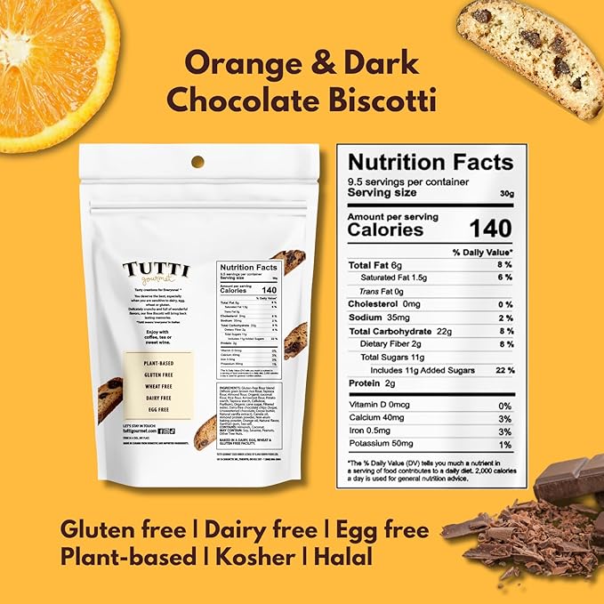 Tutti Gourmet Gluten Free Orange & Chocolate Biscotti, 9.9 oz (283g) Resealable Cookie Bag - Vegan and Halal Snacks