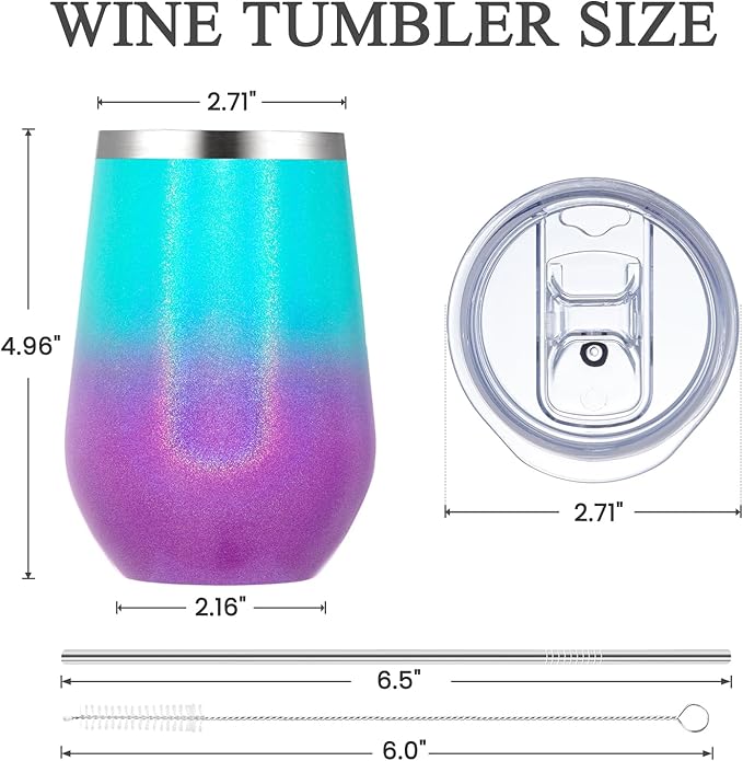 MEWAY 12oz Insulated Wine Tumbler Set of 12 - Double Wall Stainless Steel Stemless Wine cups Glasses with Lids, Gift for Family and Gifts, Prizes for adults(Glitter Aurora,Set of 12)