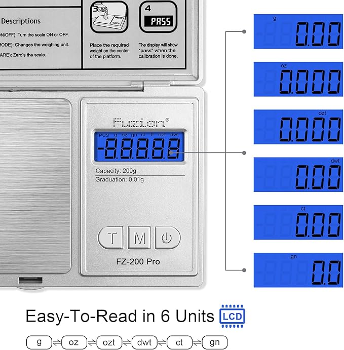 Fuzion Digital Pocket Scale .01 Gram Accuracy, 200g Digital Gram Scales for Small Food, Jewelry, Herb, Spice, Coin - Weight Gram and Oz - 100g Calibration Weight