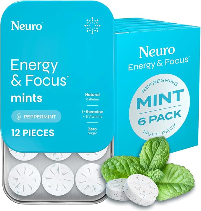 NeuroGum Energy & Focus Mints (72 Count-6 Pack, Peppermint) | 40mg Natural Caffeine + L-Theanine + Vitamin B12 & B6 | Sugar Free Nootropic Cognitive Brain Performance Supplement