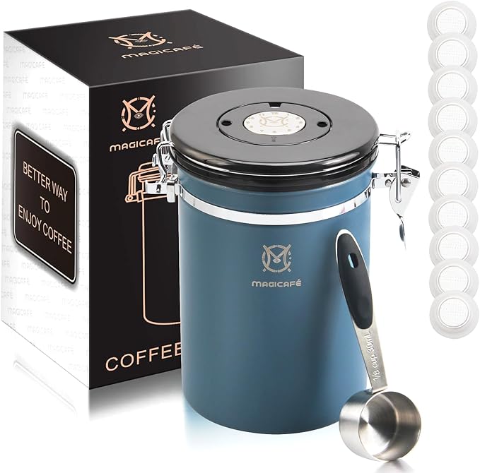 Airtight Coffee Bean Storage - with Co2 Valve Vacuum Sealed Coffee Container with Scoop For Beans Grounds Large Blue 21oz