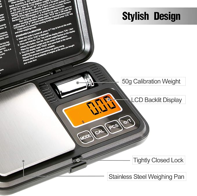 Fuzion Digital Pocket Scale 200g/0.01g, Scale Gram with LCD Display, Tare and PCS, Mini Digital Scale with 50g Calibration Weight for Jewelry, Coins, Powder, Herbs, Spices (Battery Included)