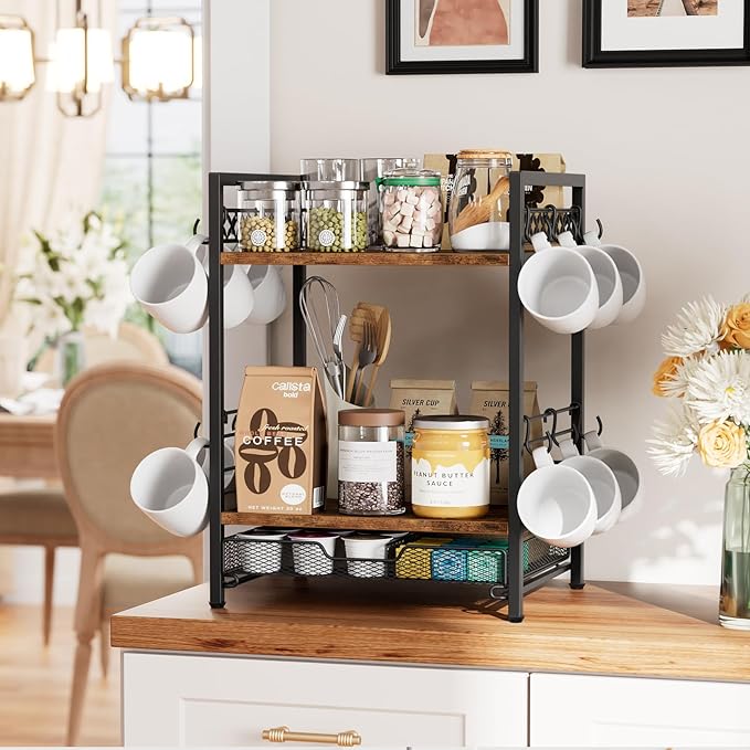 Coffee Bar Organizer Countertop, 3 Tier Mug Cup Holder Stand with 12 Hooks, 25 K Cup Coffee Pod Drawer with Mug Rack, Multifunctional Shelf for Accessories Kitchen (Black)