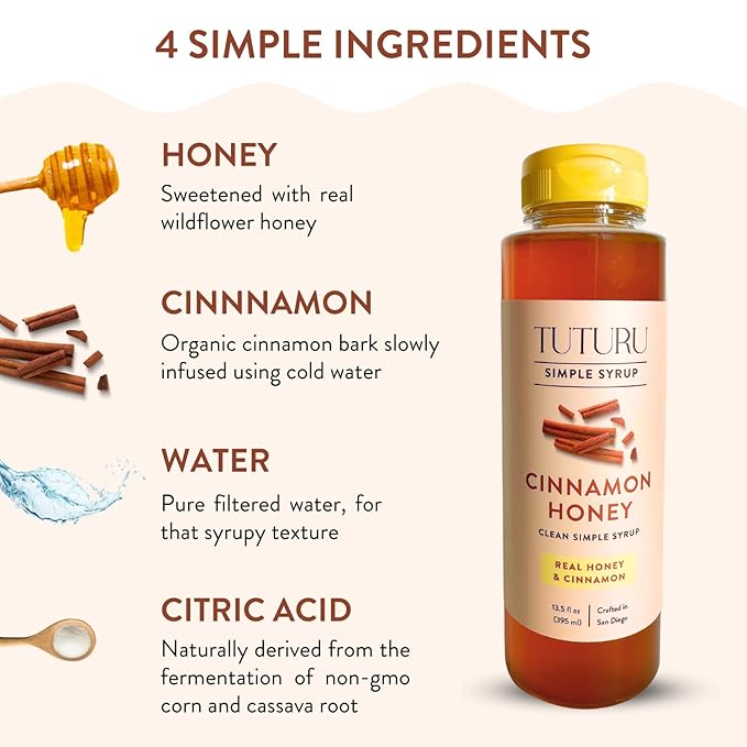 Cinnamon Honey Simple Syrup for Coffee, Cocktails, Tea, Matcha - Clean Simple Syrup with Real Cinnamon & Honey - 13.5 oz