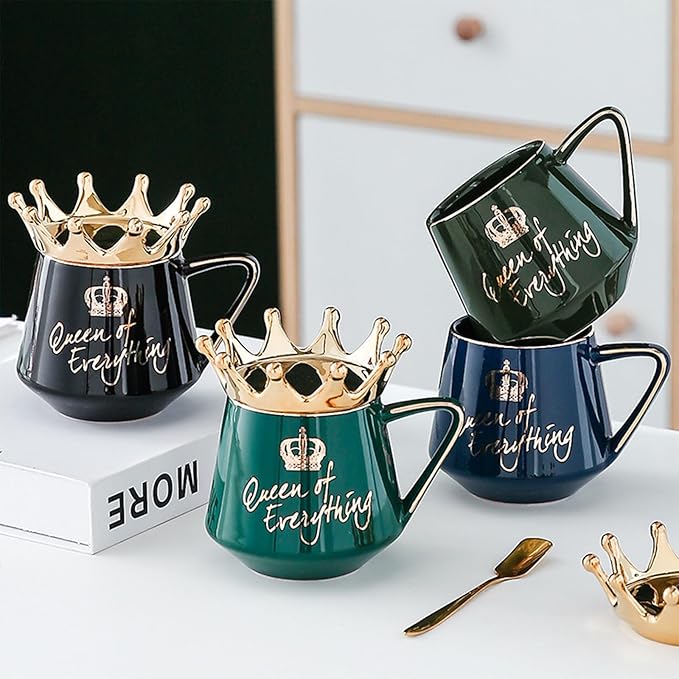 Queen of Everything Mug with Lid Cute Mugs Gift with Crown Dark Blue Coffee Mug with Spoon & Coaster 12 oz Ceramic Tea Cup Birthday Gift for Women Girls Mom Friend