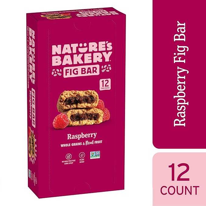 Nature’s Bakery Whole Wheat Fig Bars, Raspberry, Real Fruit, Vegan, Non-GMO, Snack bar, 1 box with 12 twin packs (12 twin packs)