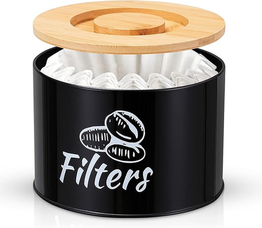 Coffee Filter Holder with Bamboo Lid – Filter Storage Organizer for Cone & Round Filters – Rustic Coffee Bar Container for Counter, Kitchen or Cafe Decor (Black).