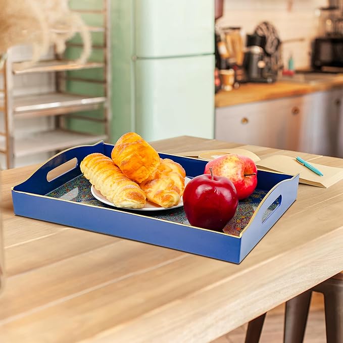 Gifturbo Decorative Tray for Coffee Table with Handles,Plastic Elegant Floral Rectangular Serving Tray for Ottoman,Living Room,Bathroom,Home Decor,Entertaining,2 Handles