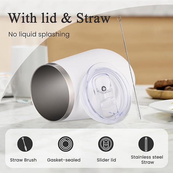 MEWAY Stemless 12oz Insulated Wine Tumbler with Lid and Straw - Double Wall Stainless Steel Thermal Cups, Travel wine glasses, Ideal for Bridal and Baby Shower Game Prizes(White,Set of 8)