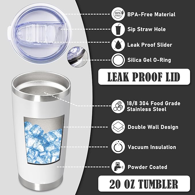 20 oz Tumbler Coffee Travel Tumblers Bulk with Lid Stainless Steel Double Wall Vacuum Insulated Mug Powder Coated Cups fit Car Cupholder for Hot and Cold - White, 4Pack
