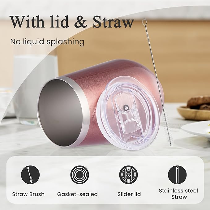 MEWAY 12oz Stainless Steel Wine Tumbler with Lid and Straw - Double Wall Stainless Steel Coffee Mug, Gift for Woman Under 10 dollars， 8 Pack Bulk tumblers(Rose Gold,Set of 8)