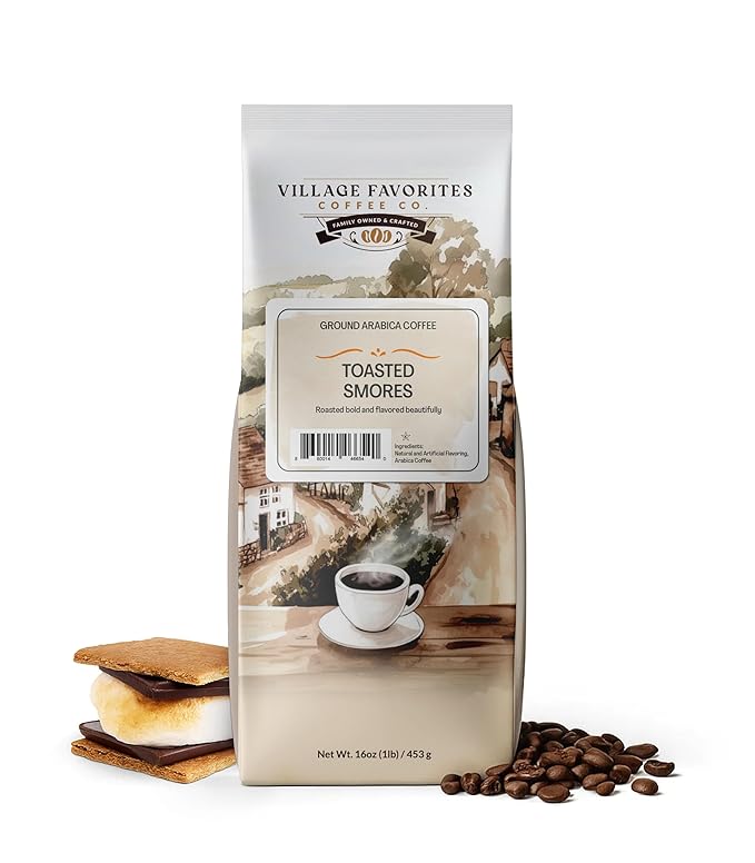 Village Favorites Flavored Coffee – Low Acid, Mold-Free, 100% Arabica, Slow Roasted Medium Roast, Smooth & Stomach Friendly, Ground, 1LB Bag (16oz)- Kosher (16oz, Toasted S’mores)