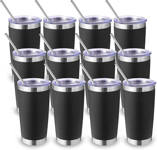 Volhoply 20oz Stainless Steel Tumbler with Lid and Straw Bulk 12 Pack,Double Wall Insulated Travel Iced Coffee Mug Fits Cup holder,Powder Coated Cups for Hot/Cold Drinks,Christmas Gifts（Black,12 Set）