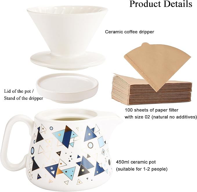 Pour Over Coffee Maker, Ceramic Coffee dripper with 100 pcs Size 02 Paper Filter, Ceramic coffee Server with Lid, 15.5oz/450 ml, Suitable for 1-2 people (White A)