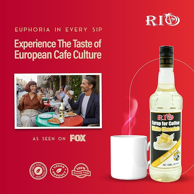 RIO White Chocolate Flavoring Coffee Syrup Perfect for Hot or Iced Drinks and Desserts Classic White Chocolate and Coffee Combo, Sweetened with Pure Cane Sugar, Barista-Grade  Flavor Syrups For Coffee Drinks at Home & Work - 700ml
