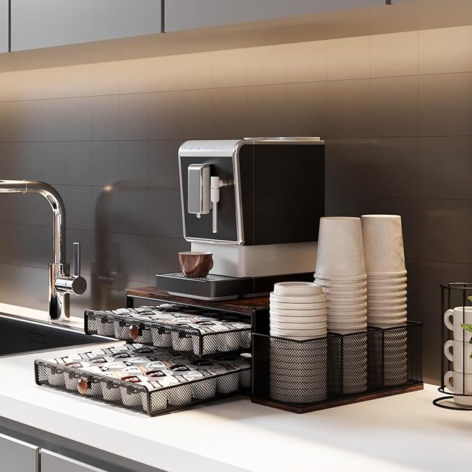 TQVAI K Cup Holder - 60 Capsule Capacity 2 Tier Sliding Pods Storage Drawer with Disposable Cups & Lids Holder, Coffee Bar Station Organizer for Countertop, Black