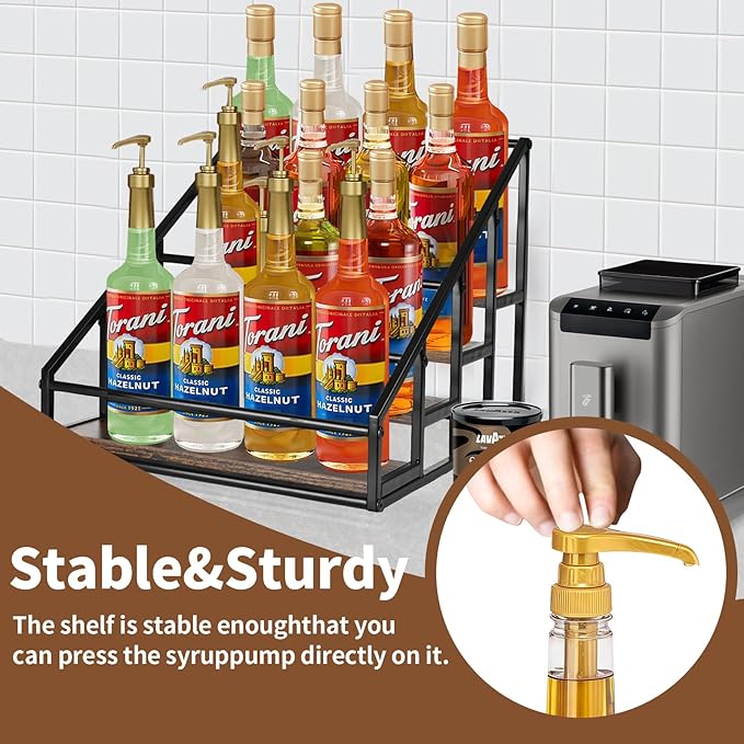 Coffee Syrup Organizer Rack, Liquor Bottle Display Shelf, Spice Racks, 4-Tier 16 Syrup Bottles Holder Stand for Coffee Bar Kitchen Small Wine Rack for Bar Family Storage for Syrup Wine Dressing