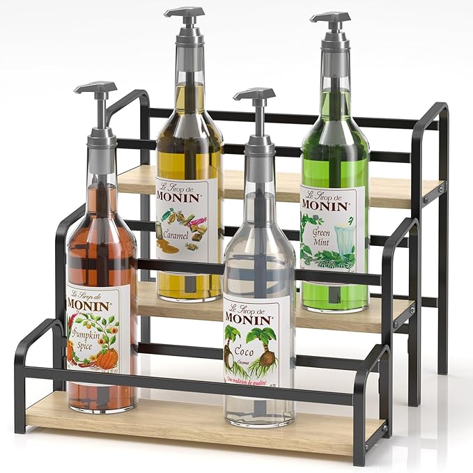 Coffee Syrup Organizer Free-Installation: 12 Bottles Capacity Syrup Rack 3 Tier for Coffee Bar Station, Wine Rack for Countertop, Tiered Spice Rack Organizer for Cabinet, Bottle Display Shelf