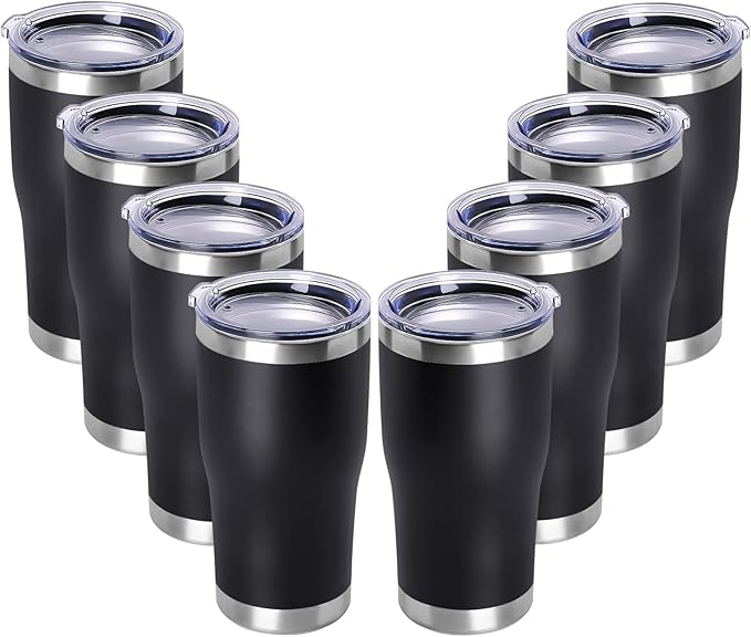 DOMICARE 20oz Tumbler with Lid Stainless Steel Tumblers Bulk, Double Wall Vacuum Insulated Coffee Travel Mug Powder Coated Tumbler, 8 Count (Pack of 1) Black