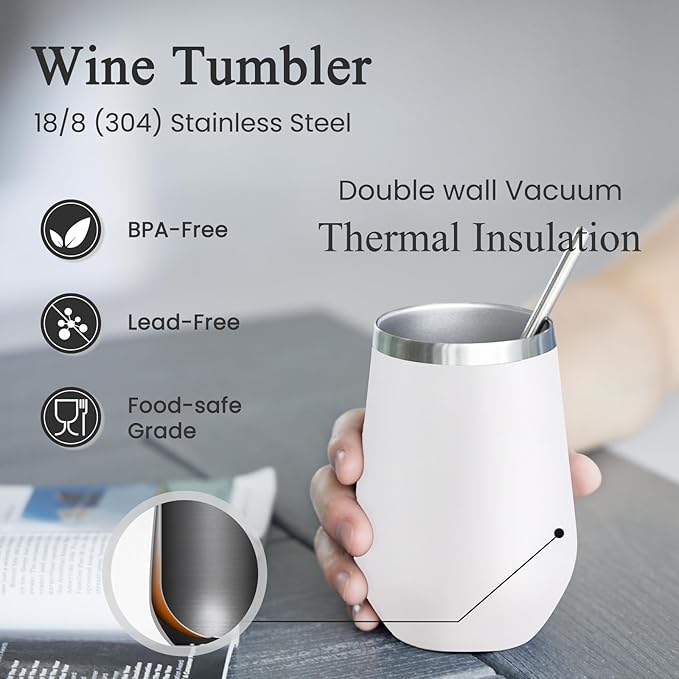 MEWAY Stemless 12oz Insulated Wine Tumbler with Lid and Straw - Double Wall Stainless Steel Thermal Cups, Travel wine glasses, Ideal for Bridal and Baby Shower Game Prizes(White,Set of 8)