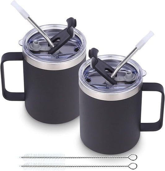 Volhoply 12oz Insulated Leakproof Coffee Mug with Flip & Straw Lid Bulk 2 Pack,Double Wall Vacuum Stainless Steel Travel Tumbler Cup with Handle,Reusable Camping Mugs Keep Cold/Hot(Black,2 Set)