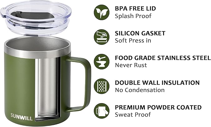SUNWILL Travel Coffee Mug with Lid, Insulated Tumbler with Handle, 14 oz Stainless Steel Cup for Camping, Office, Home, Powder Coated Olive