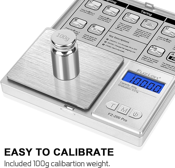 Fuzion Digital Pocket Scale .01 Gram Accuracy, 200g Digital Gram Scales for Small Food, Jewelry, Herb, Spice, Coin - Weight Gram and Oz - 100g Calibration Weight