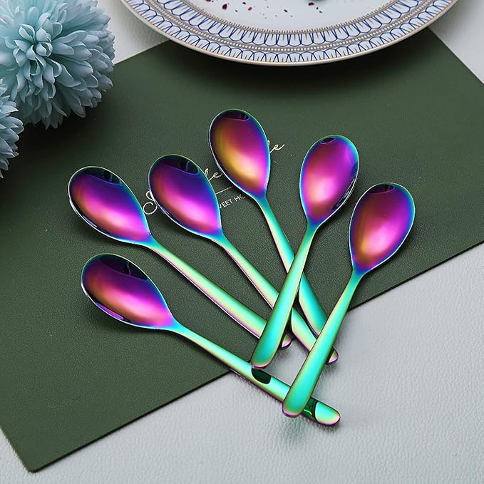 Rainbow Demitasse Espresso Spoons, 5.5'' Mini Coffee Spoons, Set of 6, Stainless Steel, Dishwasher Safe
