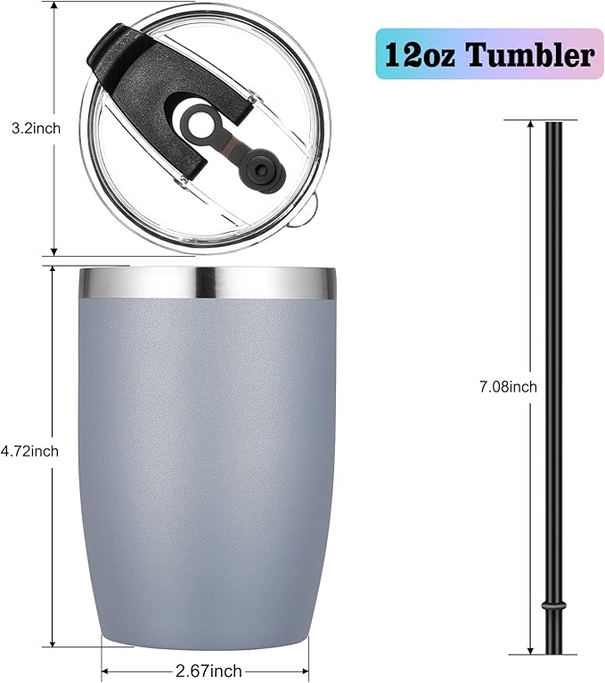 VEGOND Stainless Steel 12 oz Tumblers bulk Vacuum Insulated Double Wall Travel Tumbler with Lid and Straw Reusable Tumbler, Grey 1 Pack