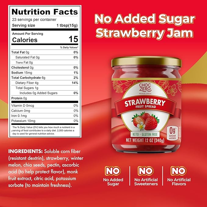 ChocZero Keto Strawberry Fruit Spread, No Sugar Added, Keto Friendly, All Natural, Gluten Free, Sweetened with Monk Fruit (1 jar, 12 oz)