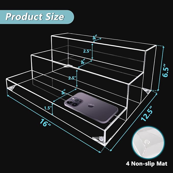 Liquor Bottle Display Shelf, Clear Acrylic Riser Display Stand, Bar Shelves for Liquor Bottles, 3 Tier Shelf Organizer for Alcohol Figures Coffee Syrup Display, 16" L x 12.5" W x 6.5" H, Clear