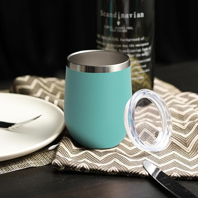 DOMICARE Stainless Steel Wine Tumbler Bulk with Lid, Personalized Insulated Tumblers Set, 12oz Travel Coffee Cups Pack of 1, Light Blue