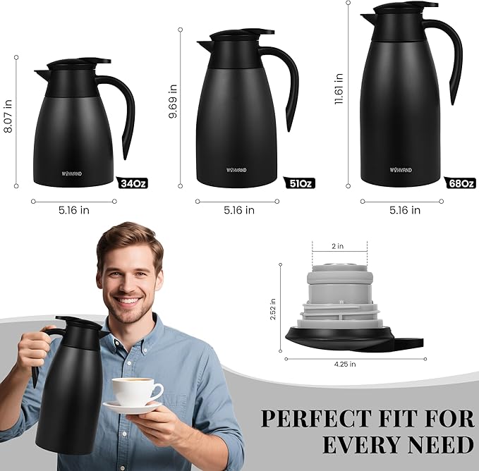 68 Oz Thermal Coffee Carafe, Stainless Steel Insulated Vacuum coffee crafts to keep coffee hot, 2 Liter Tea Water Coffee and Beverage Dispenser (Black)