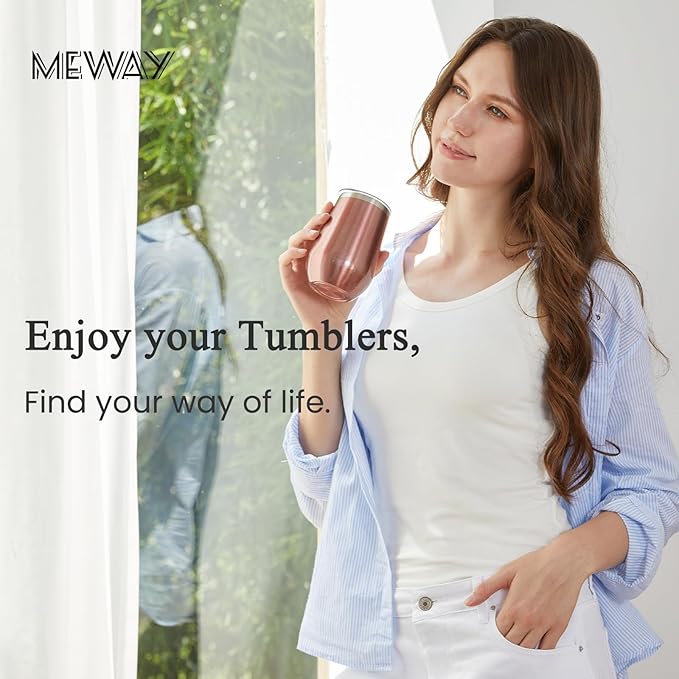 MEWAY 12oz Stainless Steel Wine Tumbler with Lid and Straw - Double Wall Stainless Steel Coffee Mug, Gift for Woman Under 10 dollars， 8 Pack Bulk tumblers(Rose Gold,Set of 8)