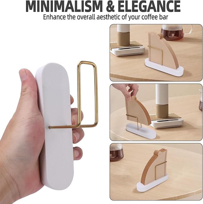 Coffee Filter Holder, Marble & Brass Cone Coffee Filters Holder Organizer Station, Stand Accessories for V60 Filters Size #01, #02 & #04, Thick and Heavy & Anti-slip (White)