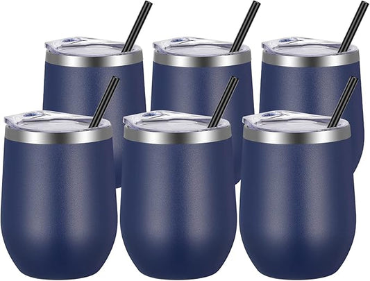 VEGOND Wine Tumblers Bulk 6 Pack, 12oz Stainless Steel Stemless Wine Glass with Lids and Straws, Double Wall Vacuum Insulated Tumbler Cup, Coffee Mug for Cold Hot Drinks